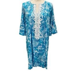 Lilly Pulitzer Blue White Embroidered Shift Dress Large
